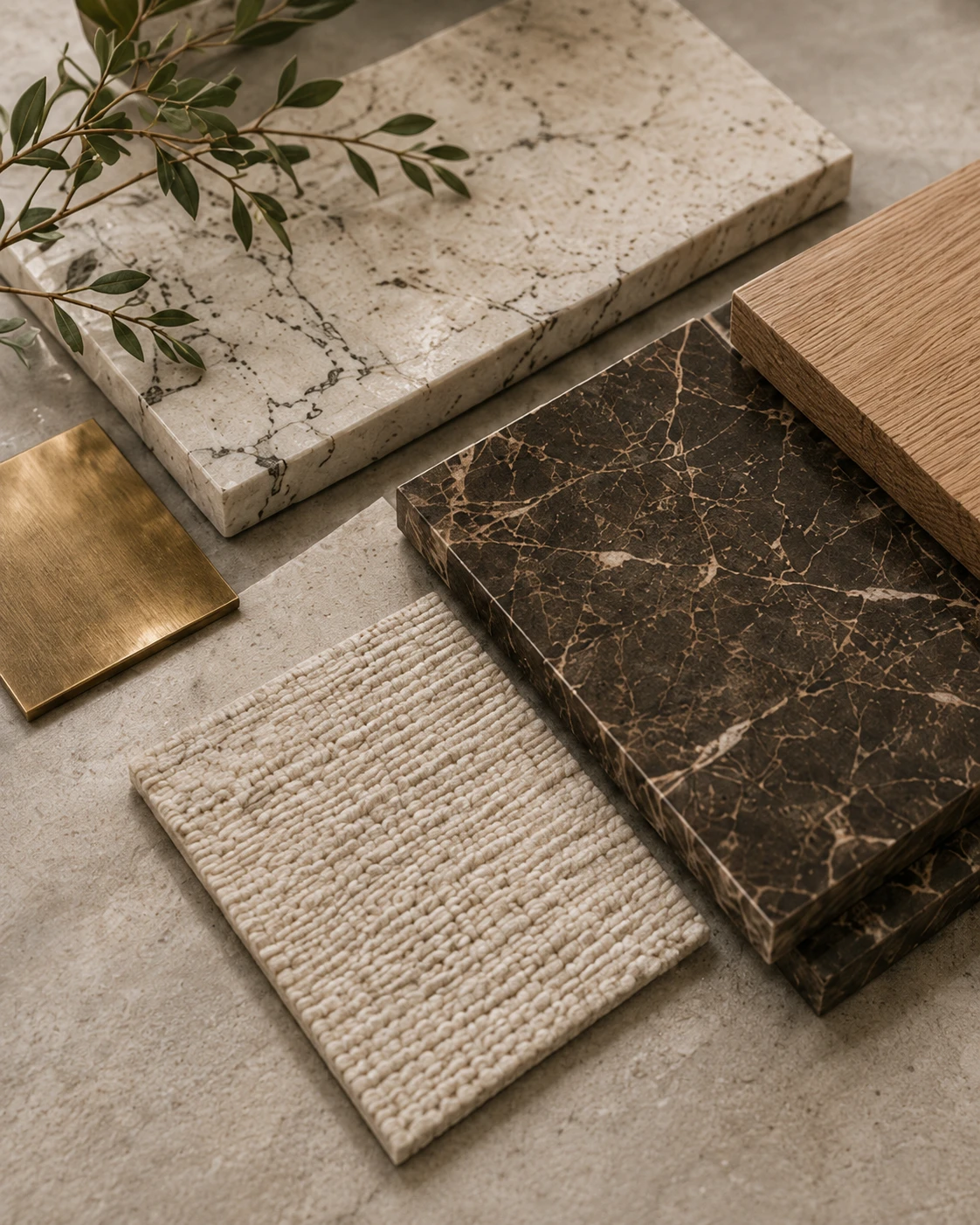 Architectural flooring and finish samples arranged for material selection