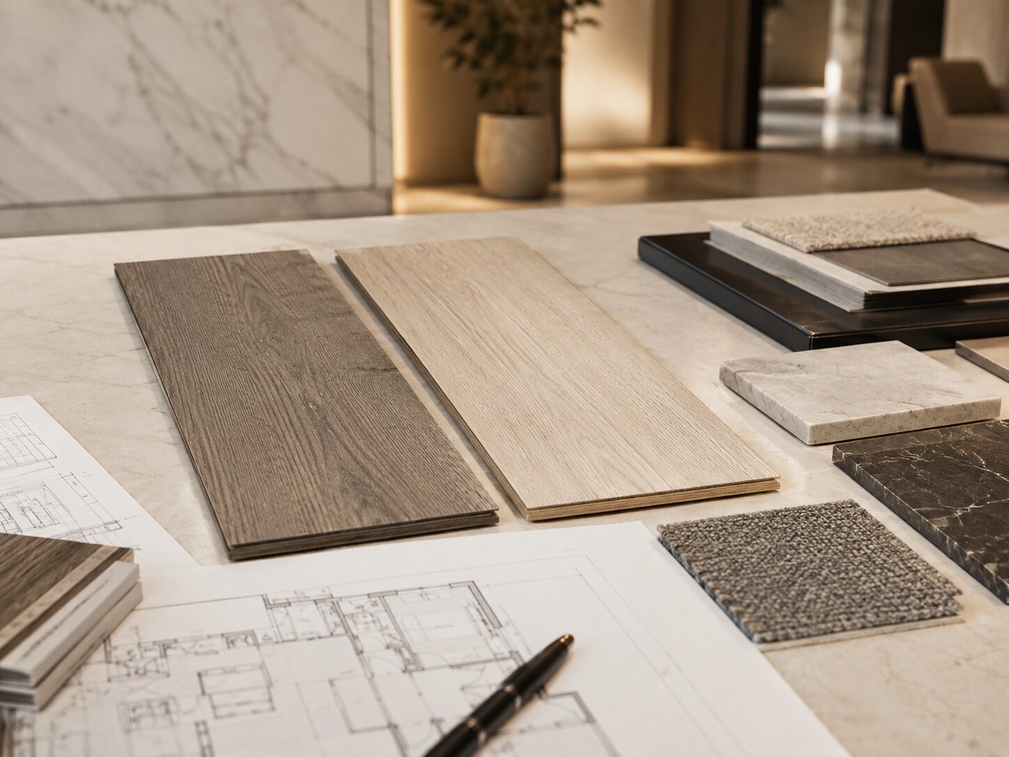 Wood plank, stone tile and carpet flooring samples compared side by side over detailed architectural floor plans