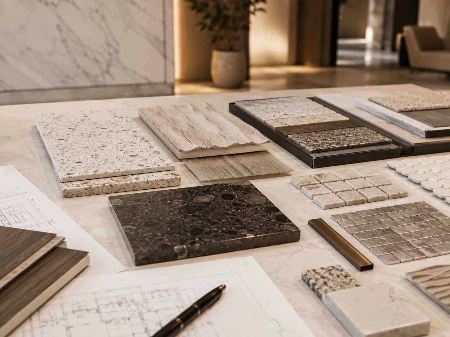 Curated selection of flooring and architectural finish samples in stone, terrazzo, mosaic, wood and carpet laid out for comparison