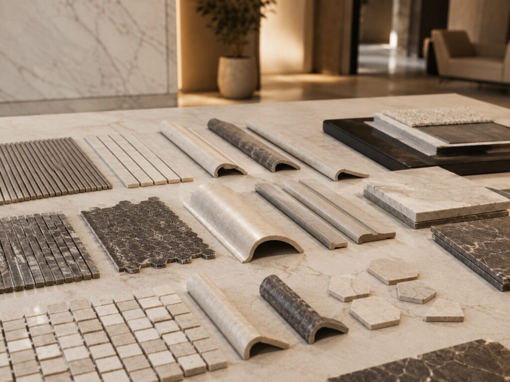 Specialty cut stone tiles and bullnose edge samples