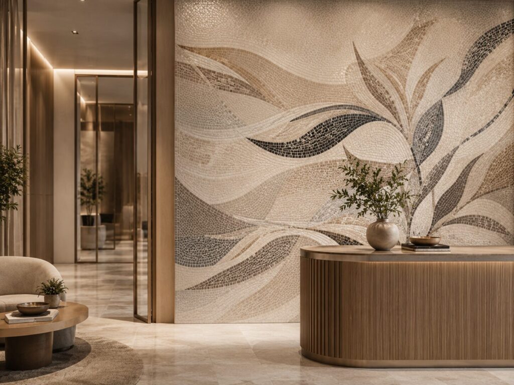Custom mosaic mural wall with an organic leaf motif in an interior