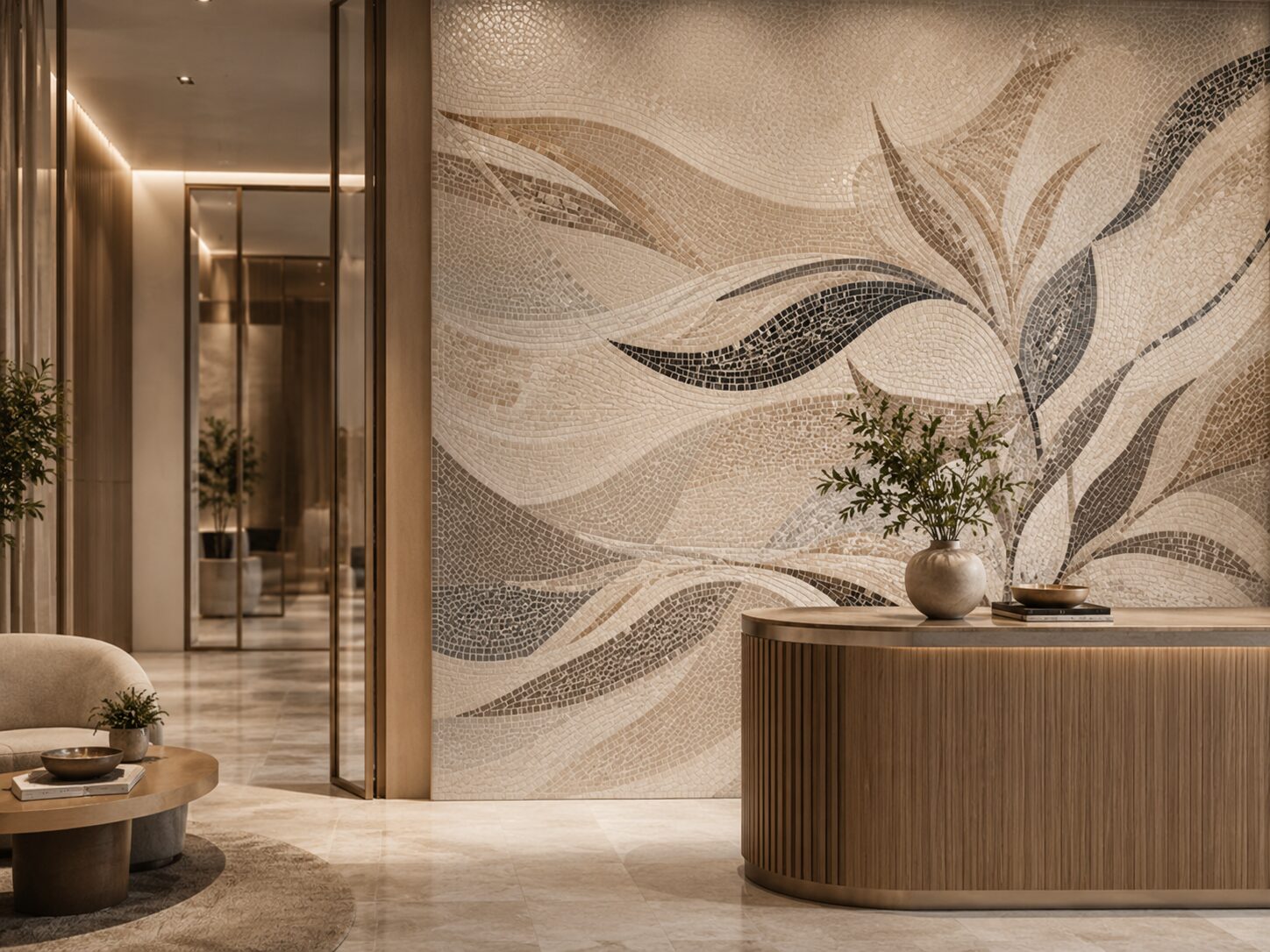 Custom mosaic mural wall with an organic leaf motif in an interior