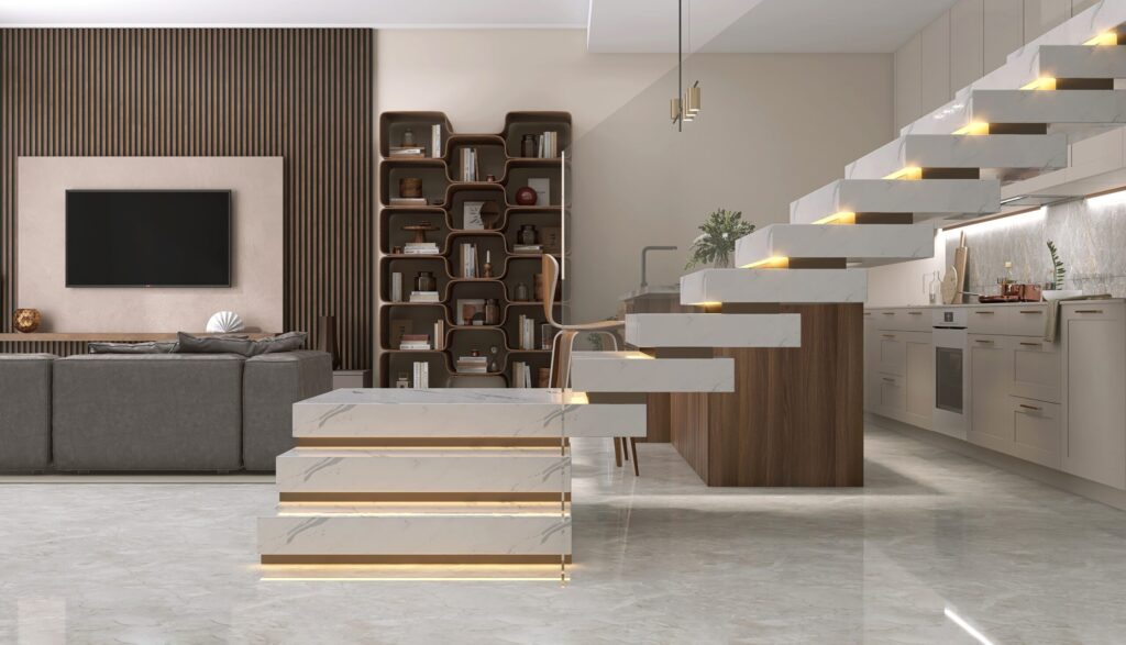 Luxury modern lobby with a floating staircase and polished floors
